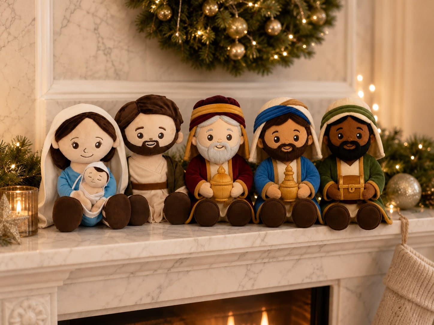 The whole nativity set arranged along a decorated Christmas mantel